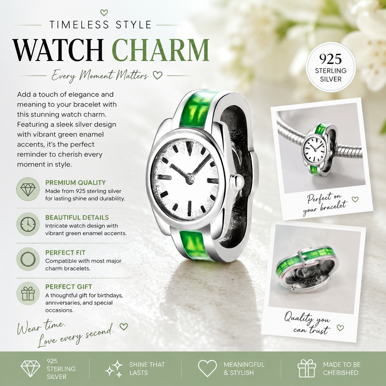 Sterling Silver Watch with a Green Band Bracelet Charm