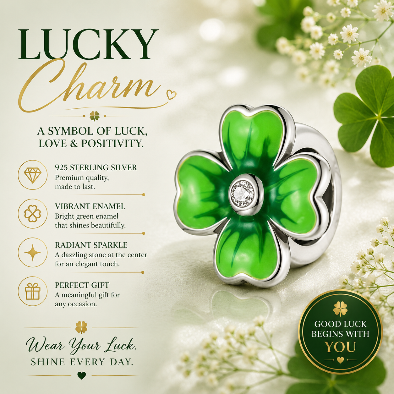 Sterling Silver Four-Leaf Clover Bracelet Charm