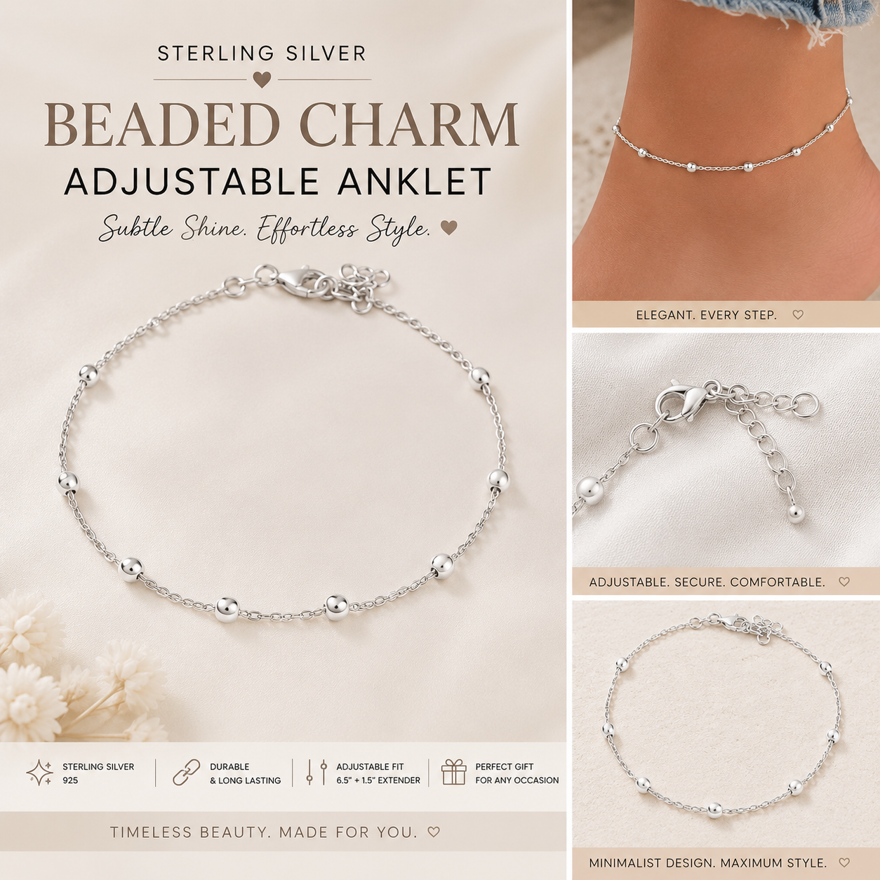 Sterling Silver Cable Beaded Charm Adjustable Anklet