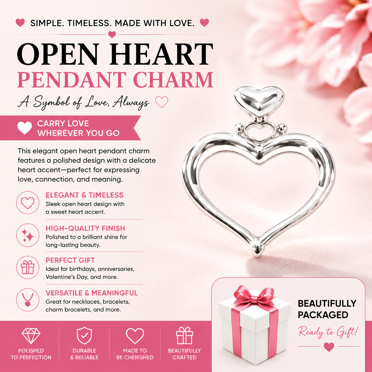 Sterling Silver Shiny Smooth Open Heart Pendant
