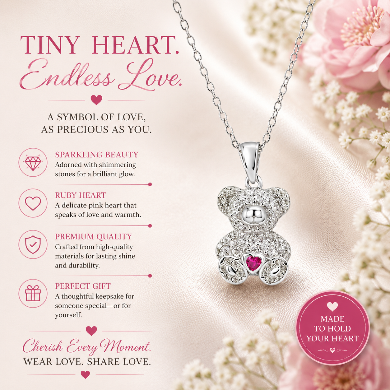 Sterling Silver Teddy Bear Pendant Necklace with a Center Red Heart Stone covered with Sparkling Stones