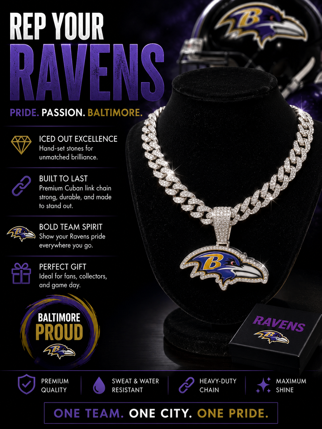 Baltimore Ravens Logo Pendant with or without the Cuban Link Chain Necklace