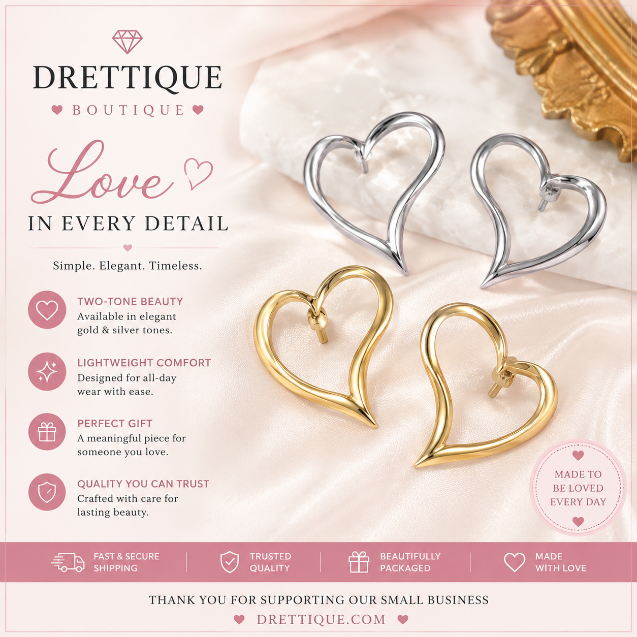 Gold or Silver Heart Shape Ear Studs