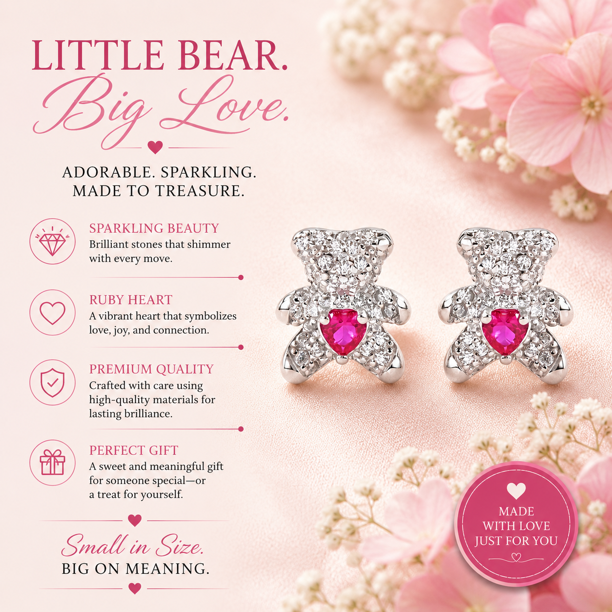 Sterling Silver Bear Red Heart and Clear Stud Earrings