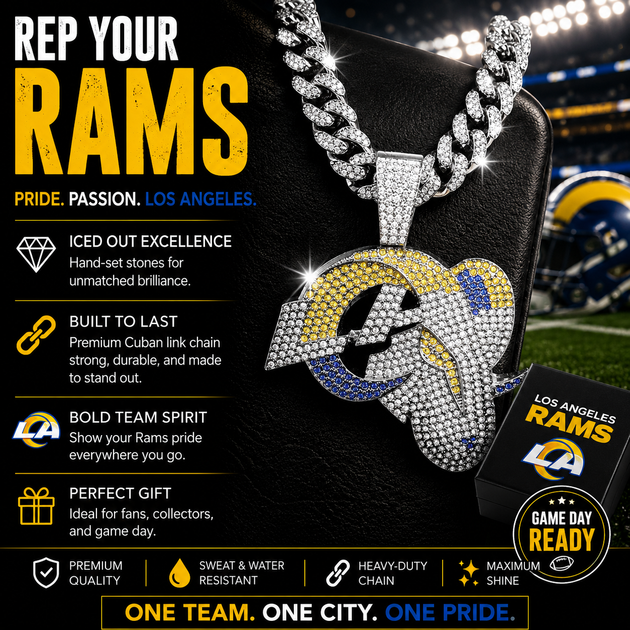 Los Angeles (LA) Rams Logo Pendant with or without the Cuban Link Chain Necklace