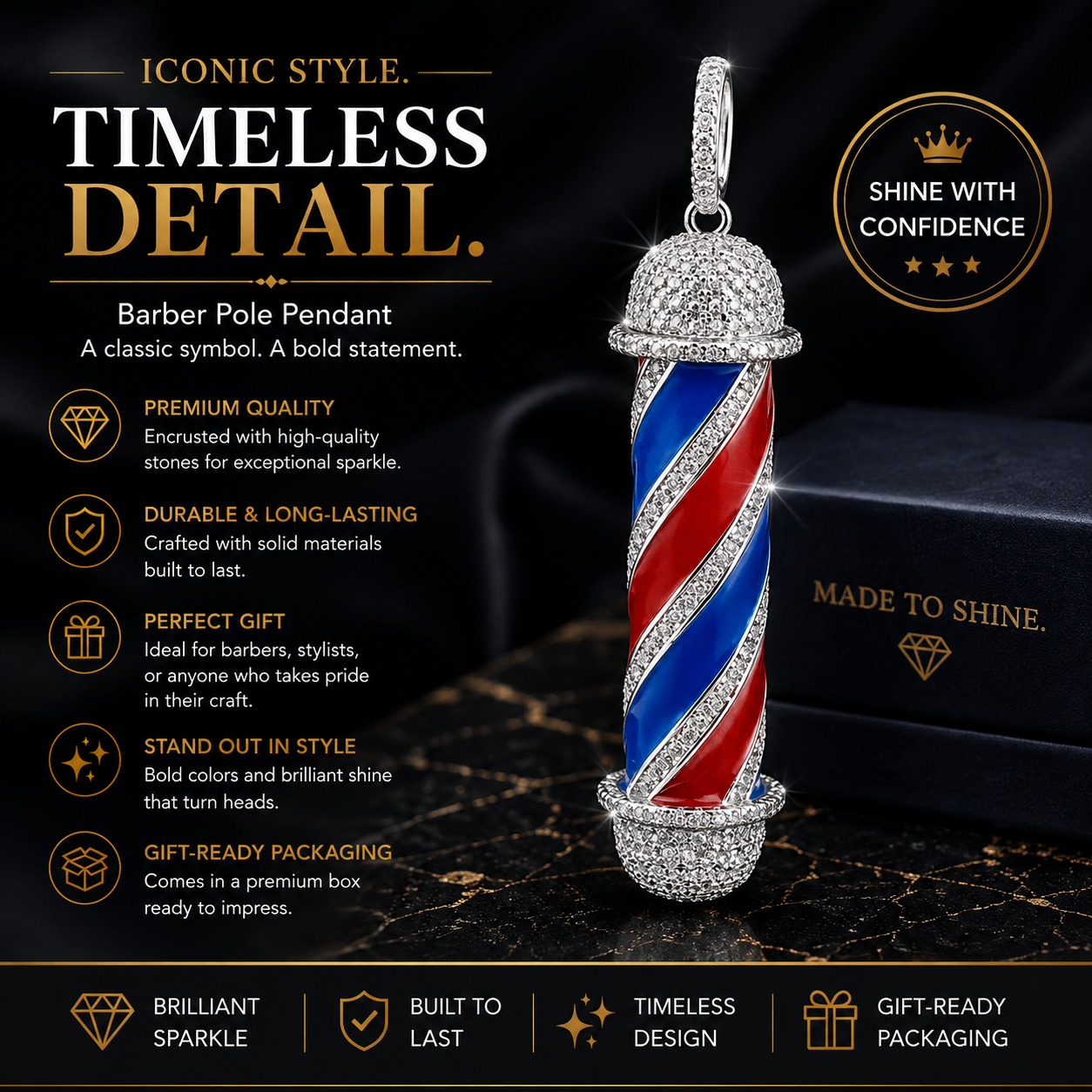 Sterling Silver Barber Pole Pendant with Sparkling Stones