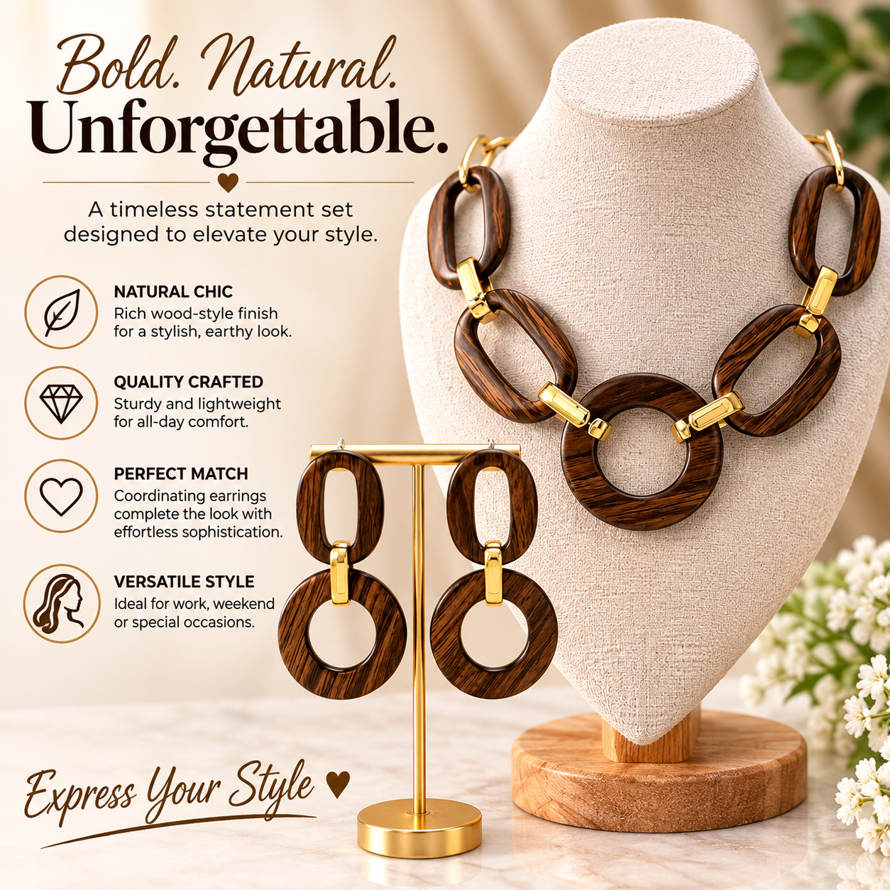 Elegant Wood Metal Necklace with Matching Earrings