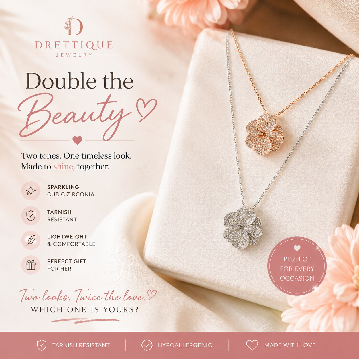 Sterling Silver White or Rose Gold Plumeria Petal Pendant Necklace covered with Sparkling White Stones