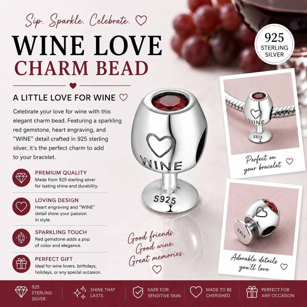 Sterling Silver Heart Stamp Wine Bottle Bracelet Charm