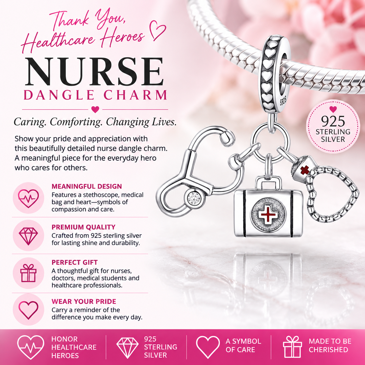 Sterling Silver Stethoscope, Medicine Box, and Nurse Hat on a Heart Bracelet Charm