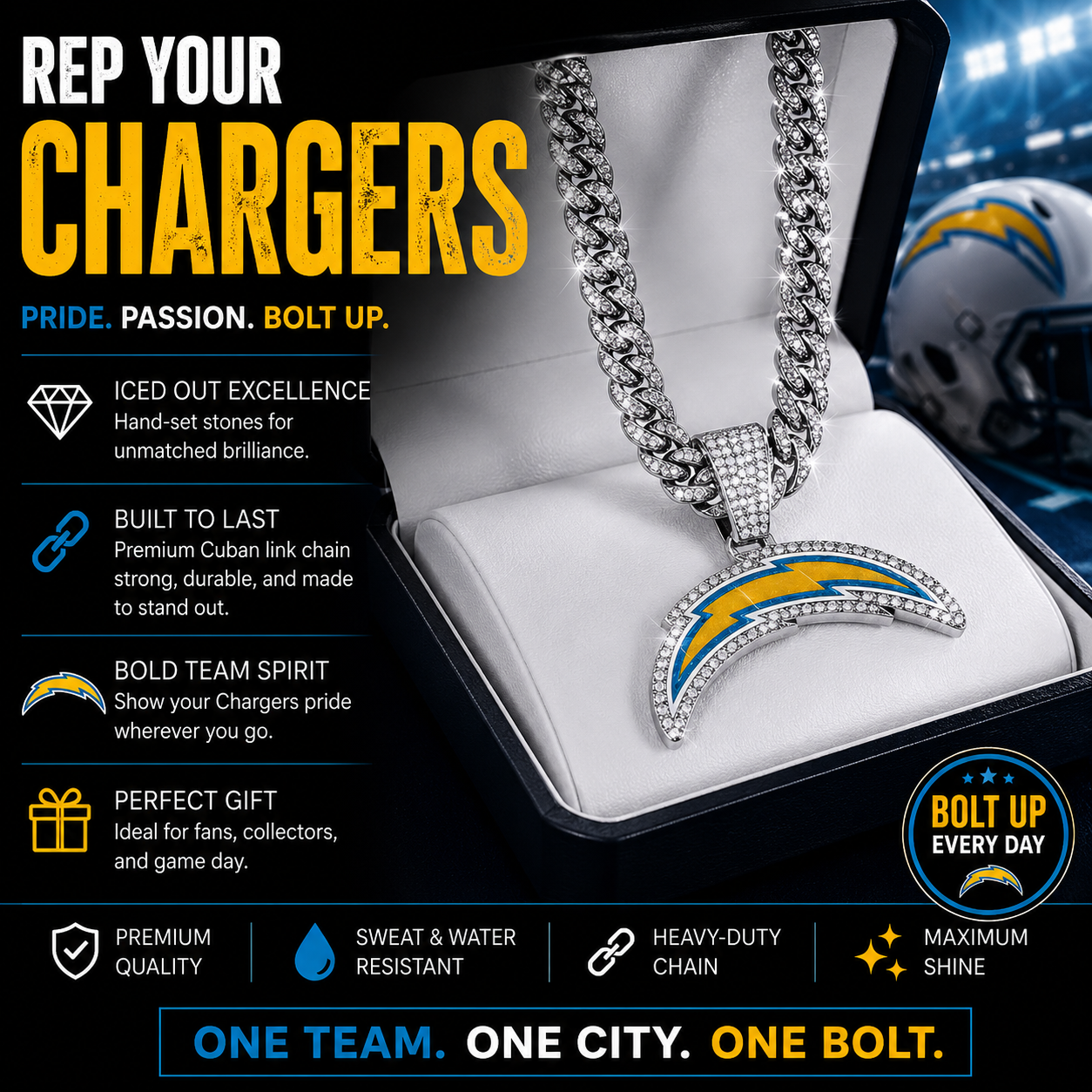 Los Angeles (LA) Chargers Logo Pendant with or without the Cuban Link Chain Necklace