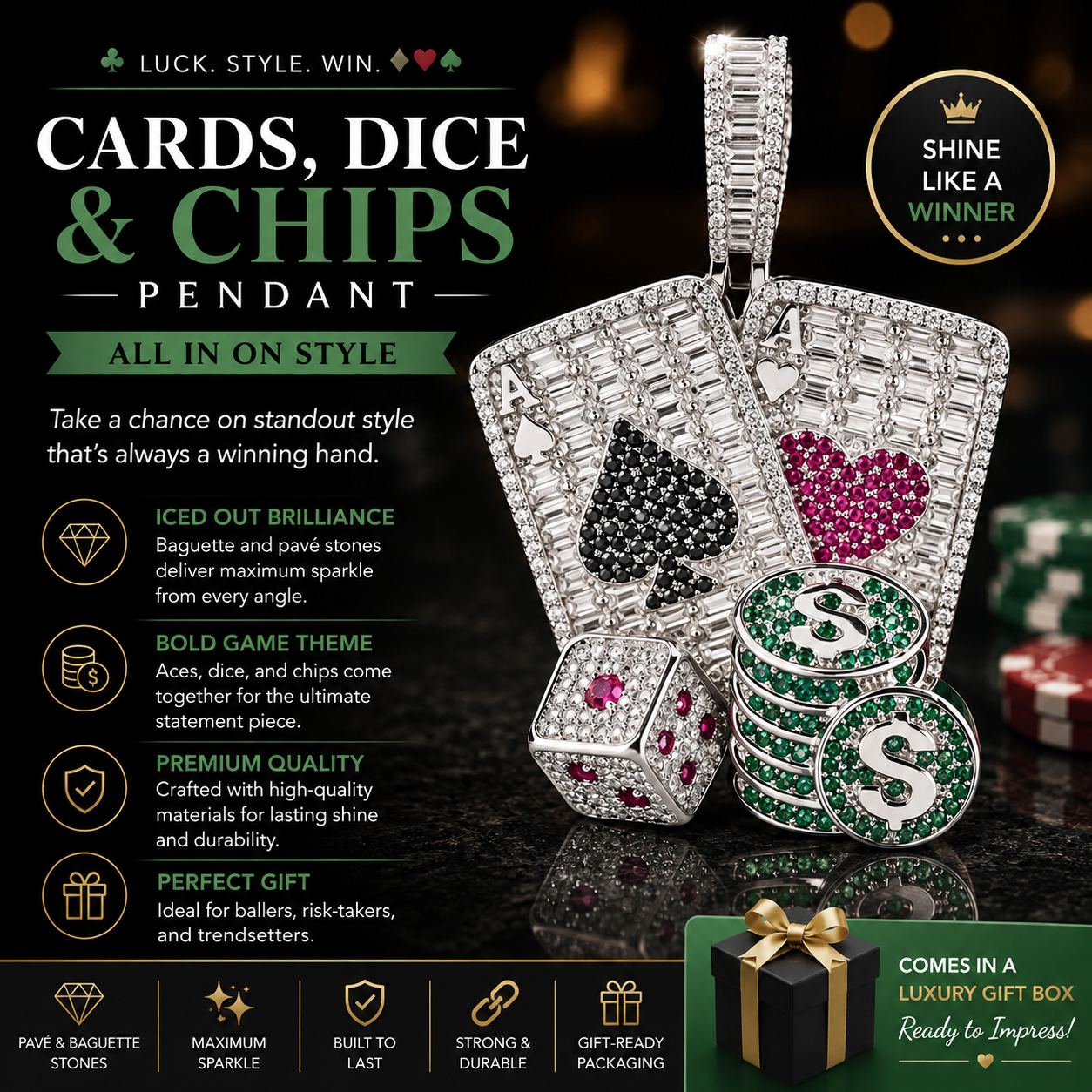 Sterling Silver Cards, Dice, and Chips Pendant with Sparkling Green, Red and Black Baguettes