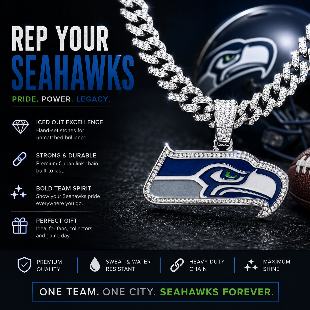 Seattle Seahawks Logo Pendant with or without the Cuban Link Chain Necklace