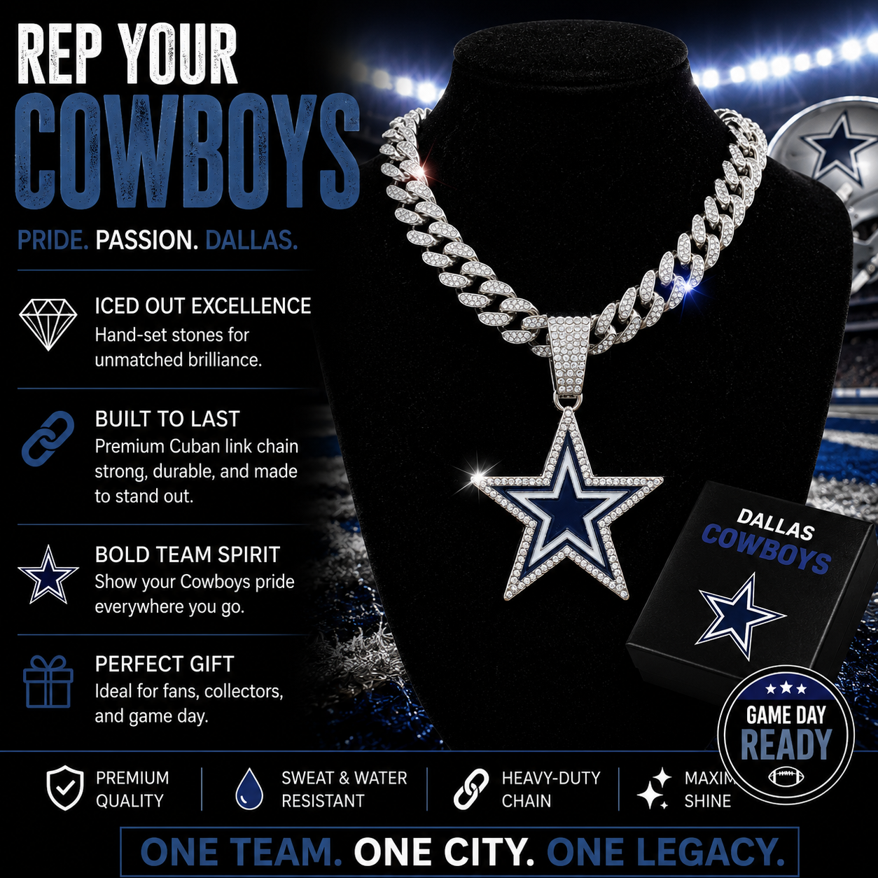 Dallas Cowboys Logo Pendant with or without the Cuban Link Chain Necklace