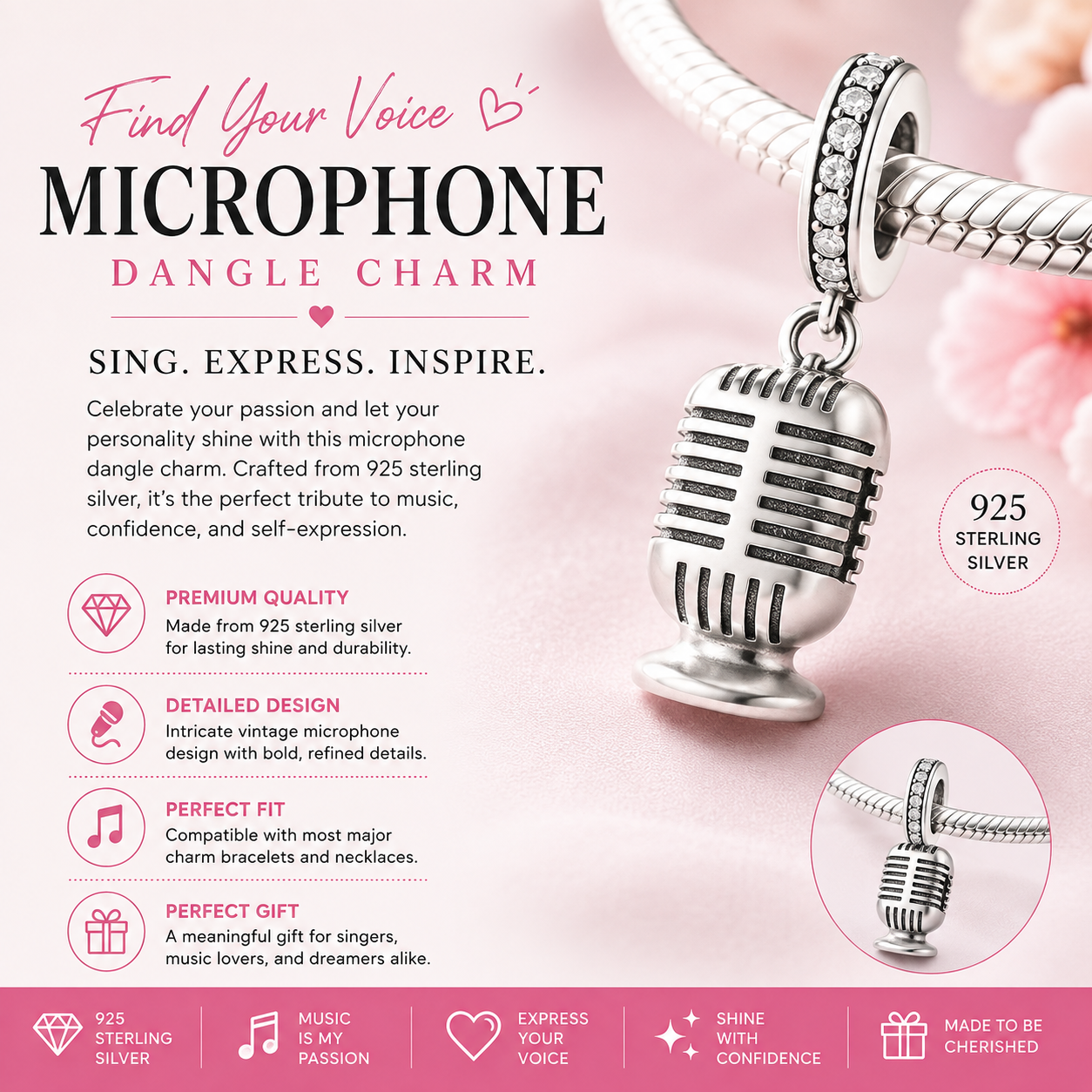 Sterling Silver Desk Microphone Bracelet Charm