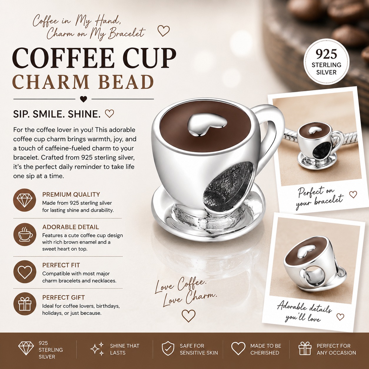 Sterling Silver Coffee Cup with a Centered Heart Bracelet Charm