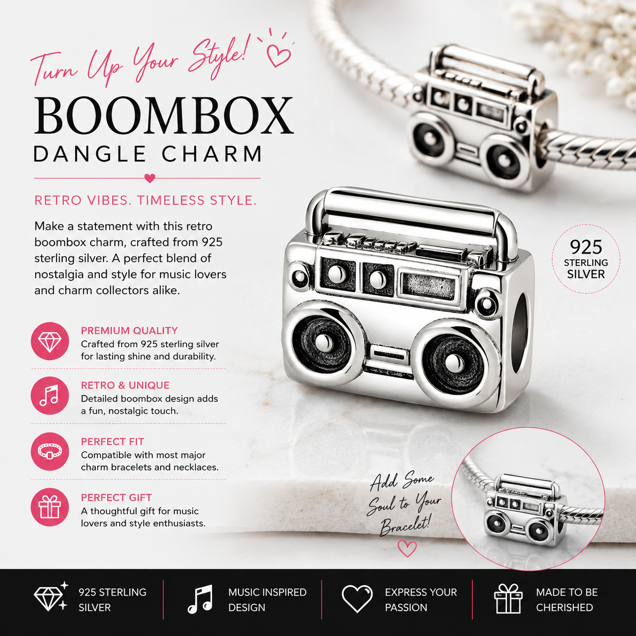 Sterling Silver Boom Box Bracelet Charm