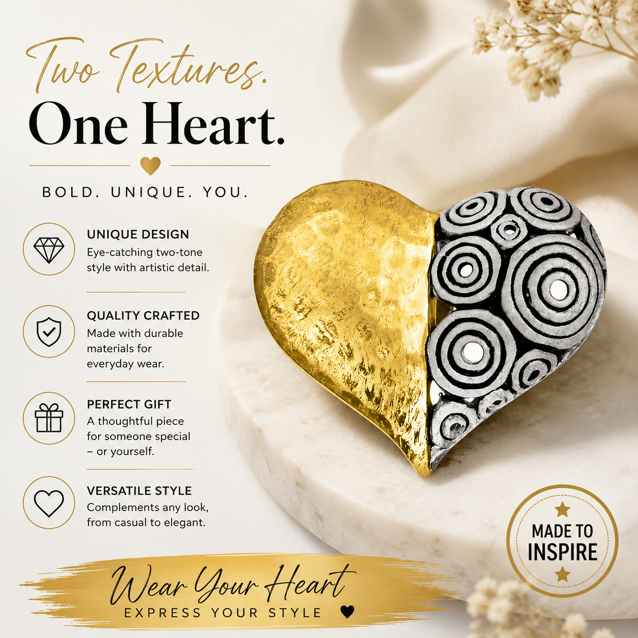Sterling Silver Gold Two-Toned Matte Finish Spiral Design Heart Pendant