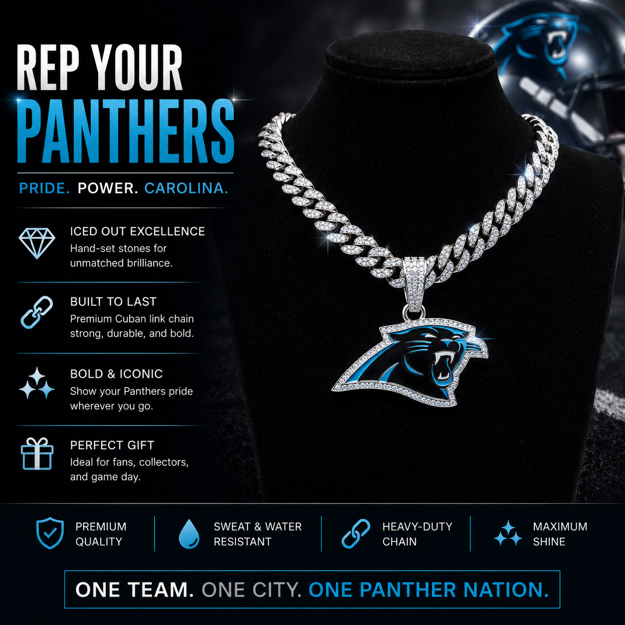 North Carolina Panthers Logo Pendant with or without the Cuban Link Chain Necklace