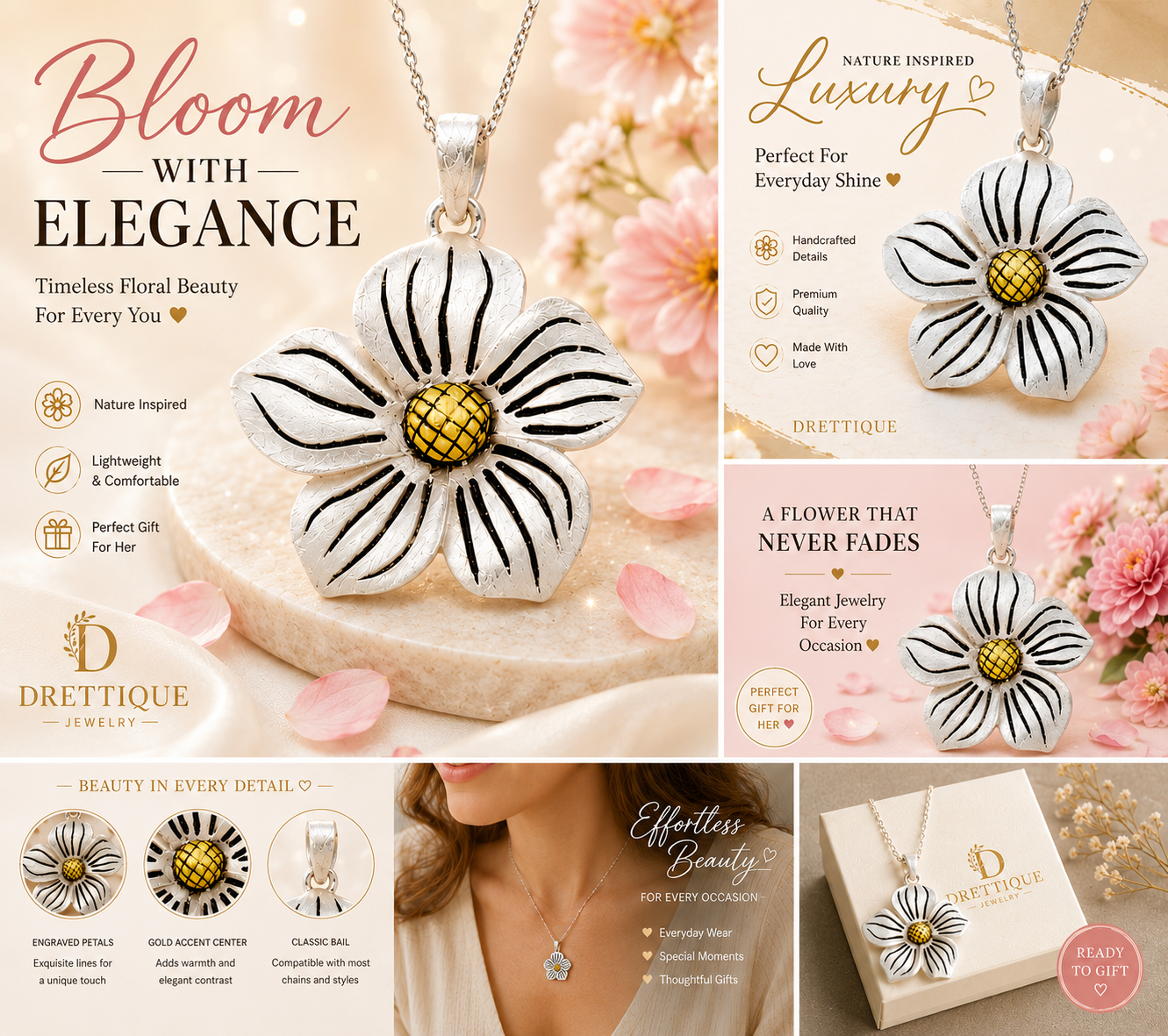 Sterling Silver Two-Tone Flower Pendant