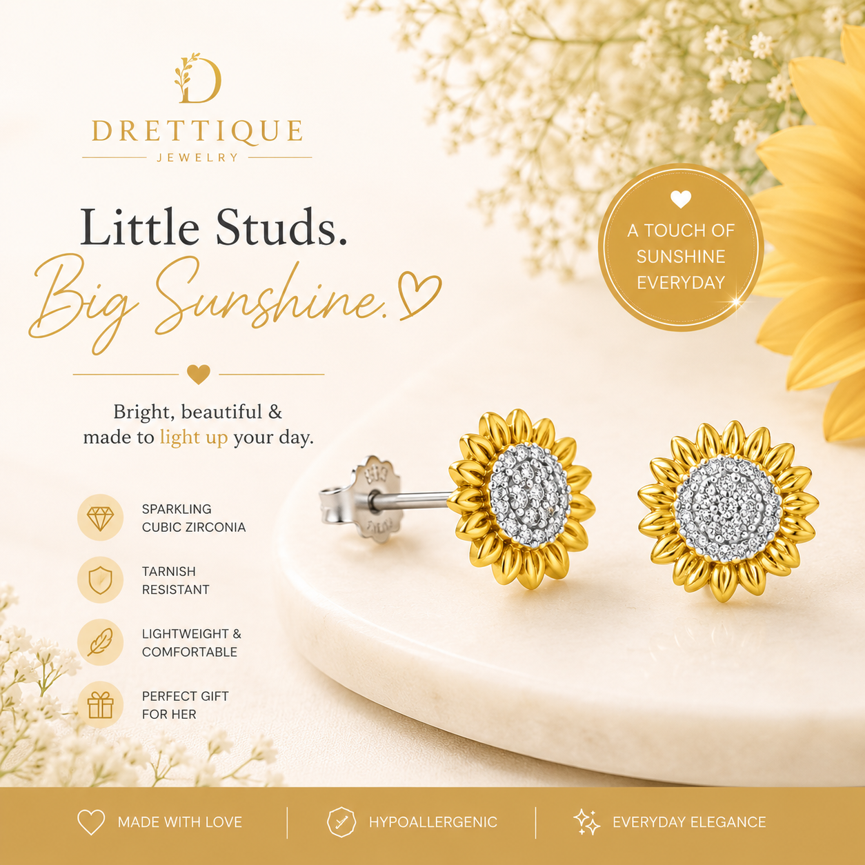 Sterling Silver Gold Sunflower Necklace with Sparkling Stones