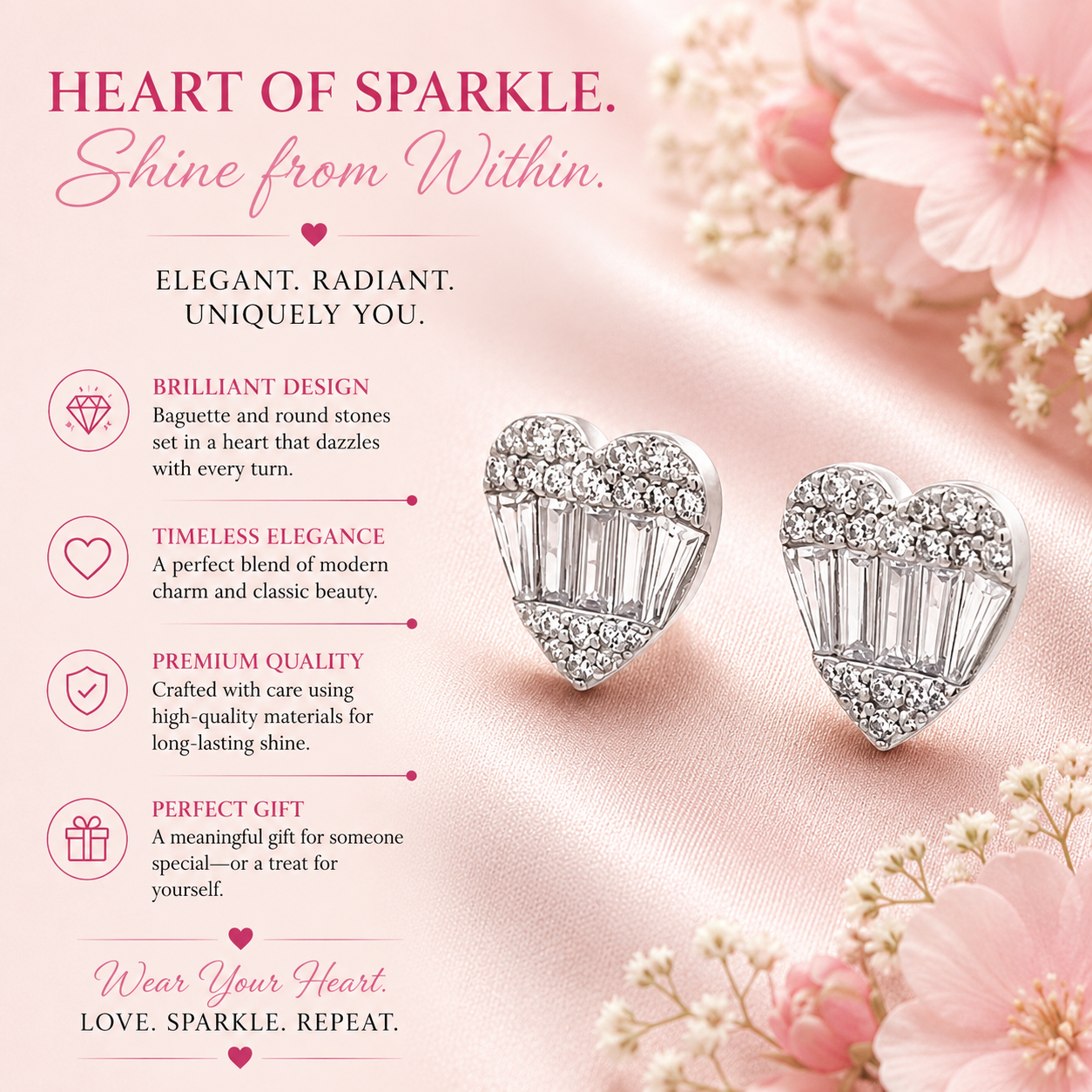 Sterling Silver Heart Shaped Sparkling Stones and Baguette Stud Earrings