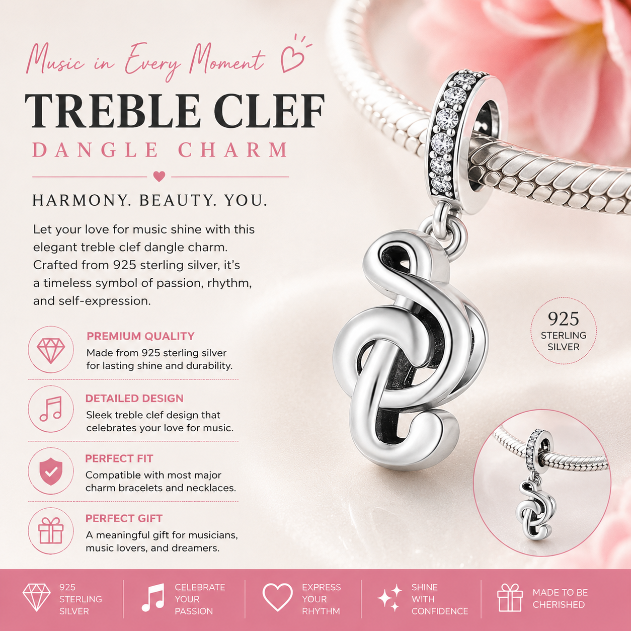 Sterling Silver Music Symbol Bracelet Charm