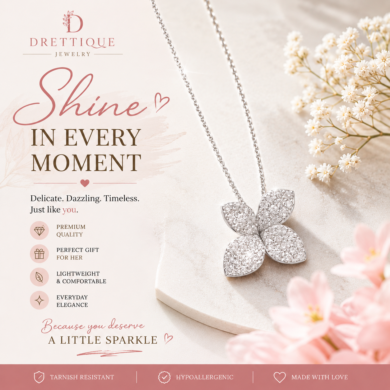 Sterling Silver Small Flower Pendant Necklace covered in Sparkling Stones