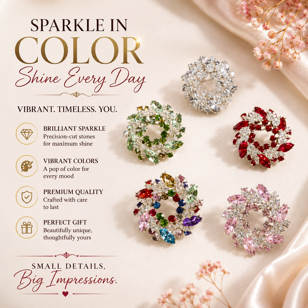 Floral Wreath Design Brooches/Pins with Rhinestones