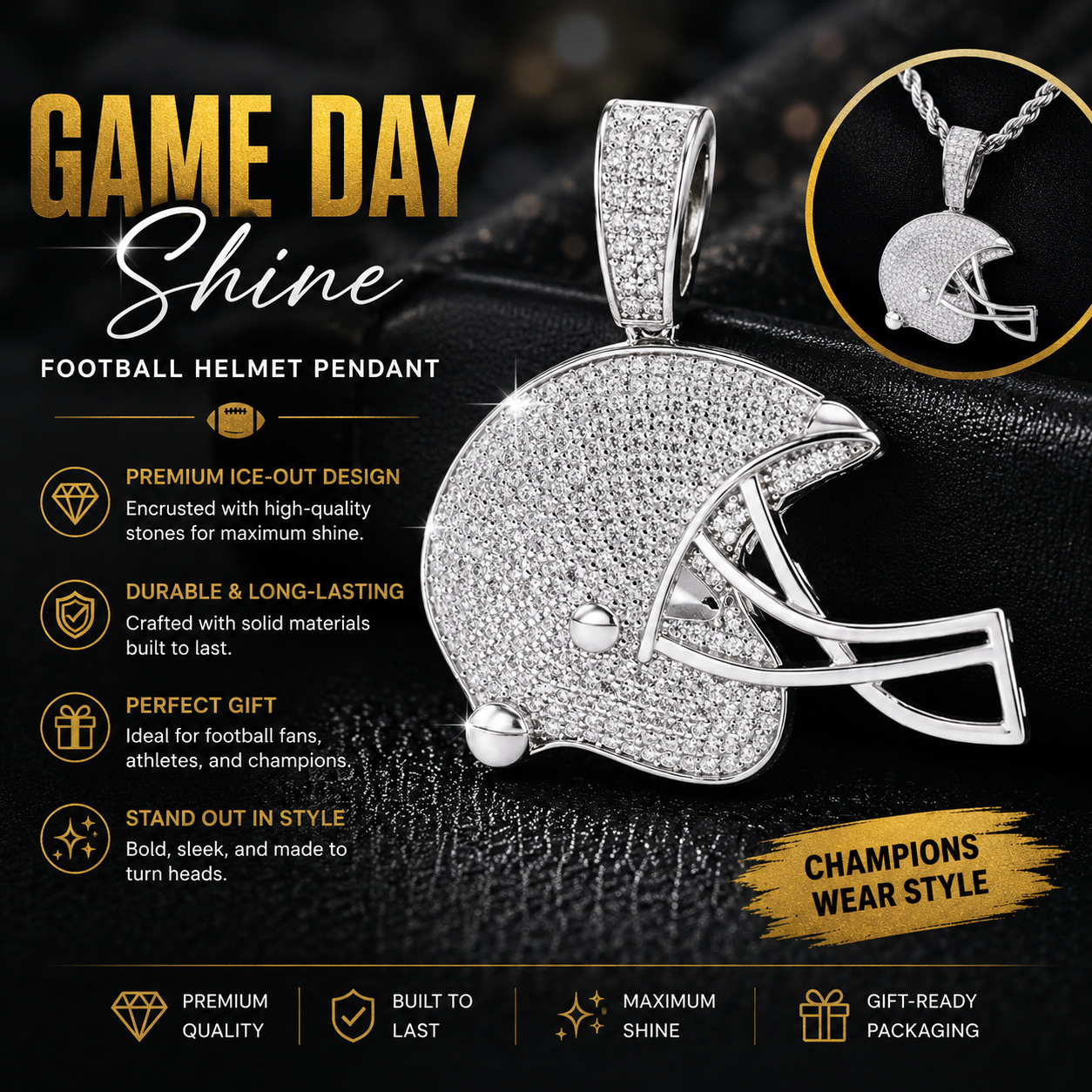 Sterling Silver Football Helmet with Sparkling Stones Pendant
