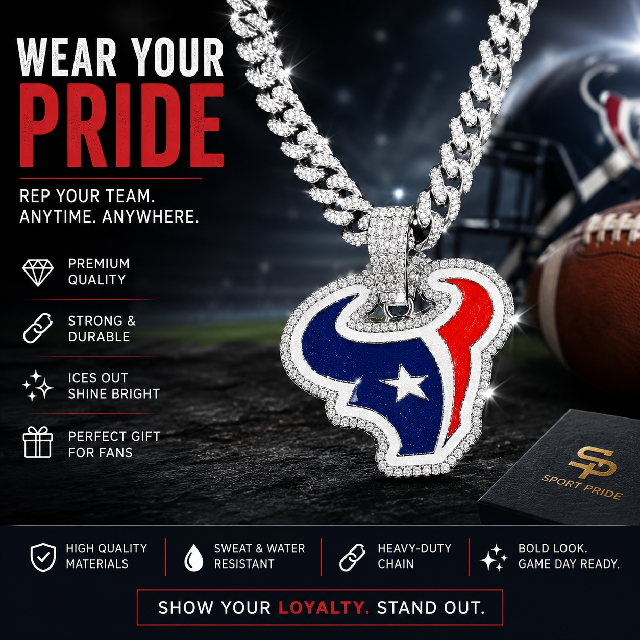 Silver or Gold Houston Texans Logo Pendant with or without the Cuban Link Chain Necklace