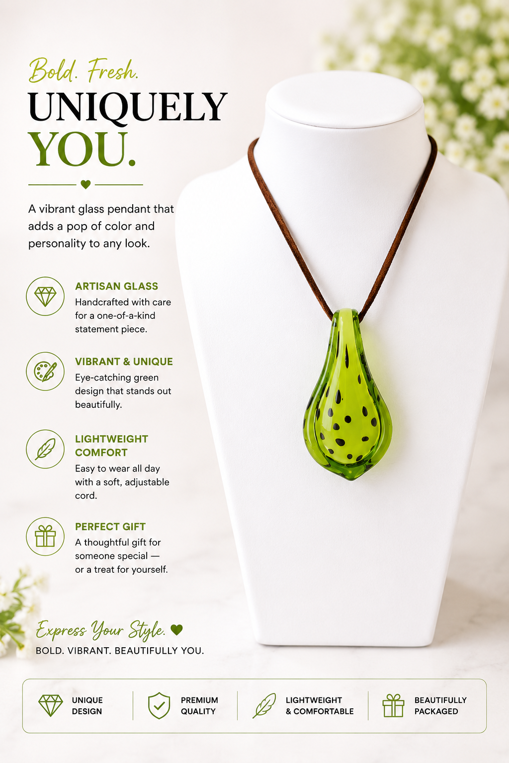Green and Brown Handblown Pendant Necklace