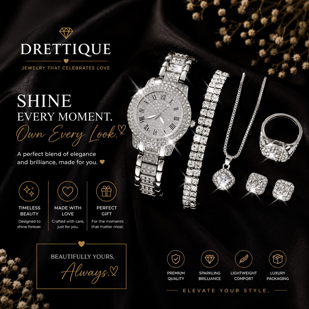 Women's Silver Bracelet, Ring, Earring and Watch Jewelry Set