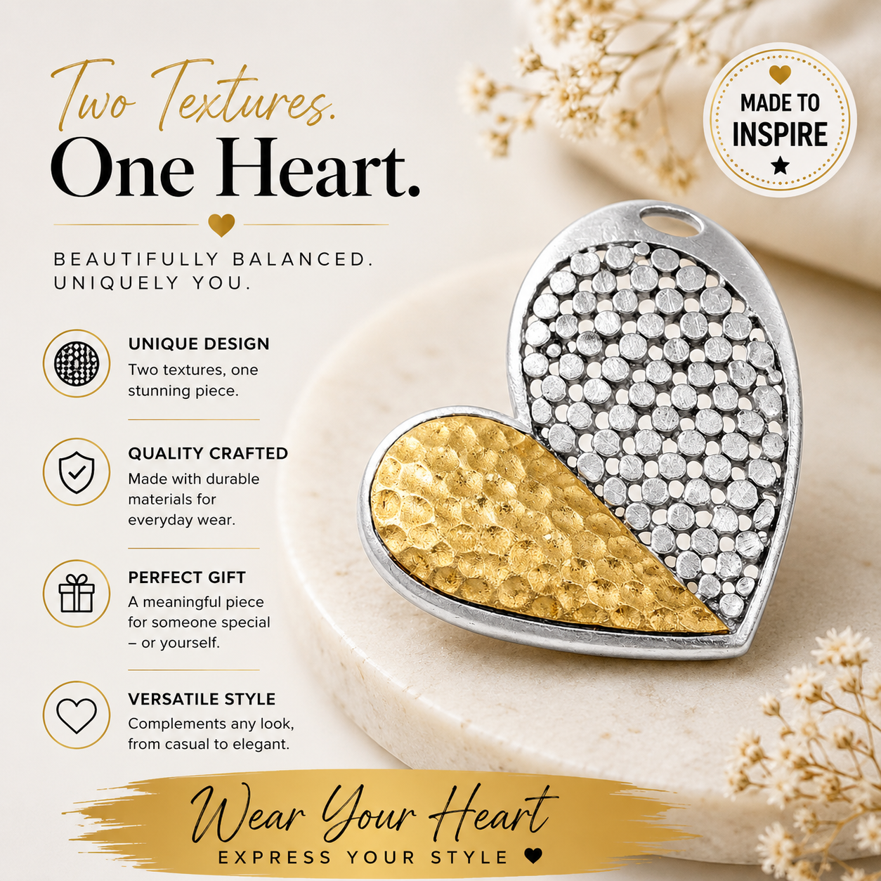 Sterling Silver Two-Toned Matte Finish Geometric Pattern Heart Pendant