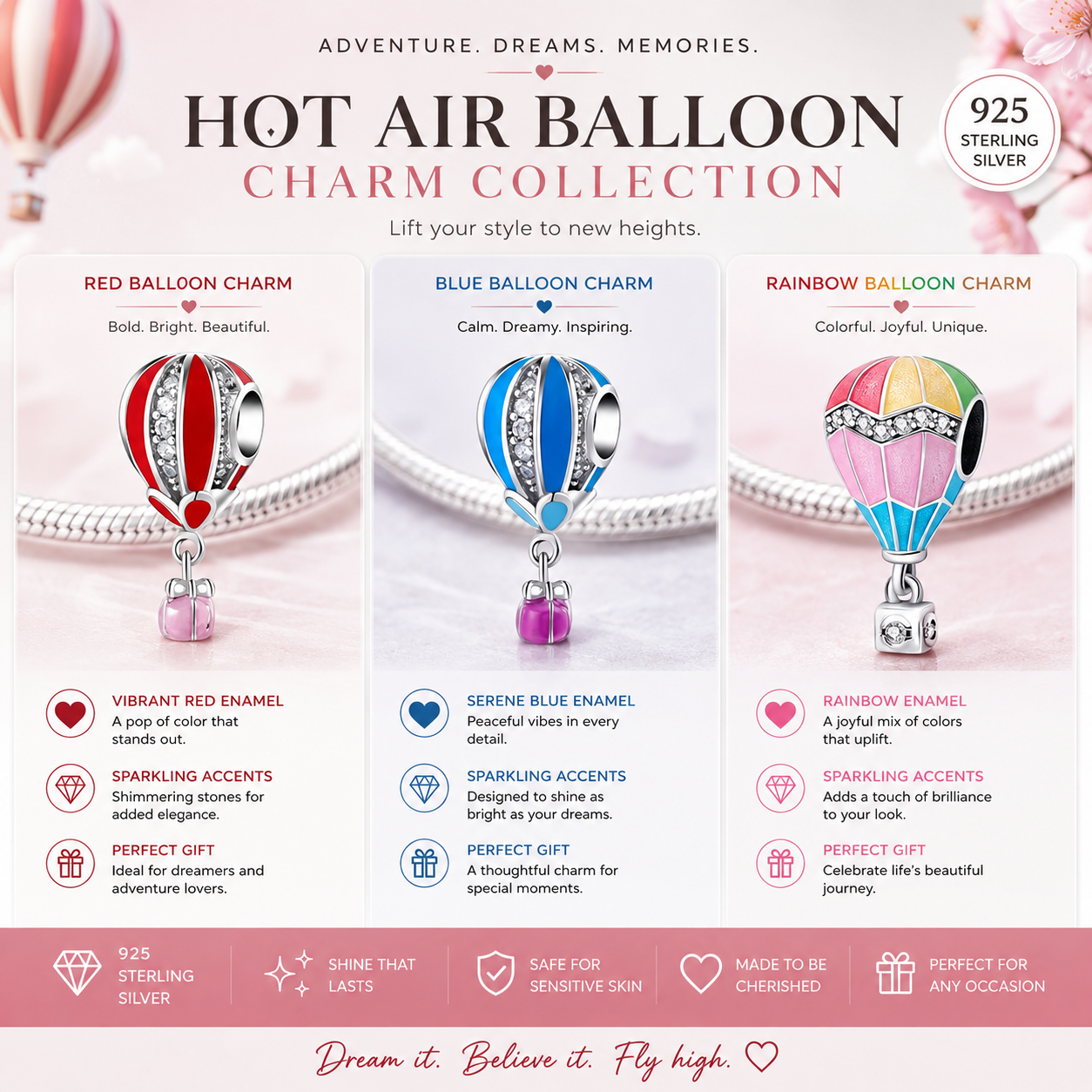 Sterling Silver Hot Air Balloon with Rhinestones Bracelet Charm