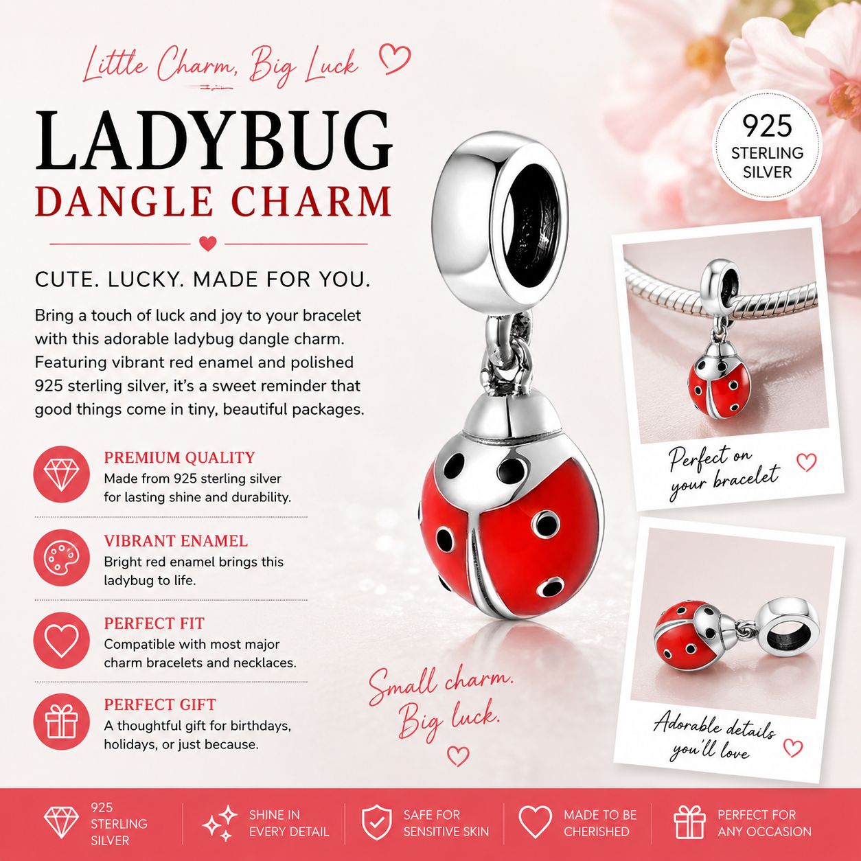 Sterling Silver Ladybug Bracelet Charm