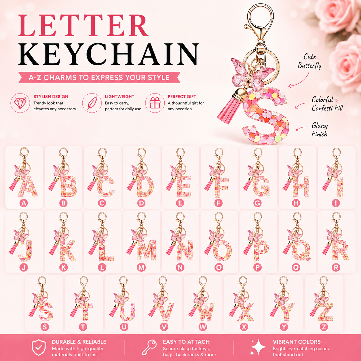 FREE GIFT WITH PURCHASE!! Pink Letter Sequins Butterfly Tassel Key Chain