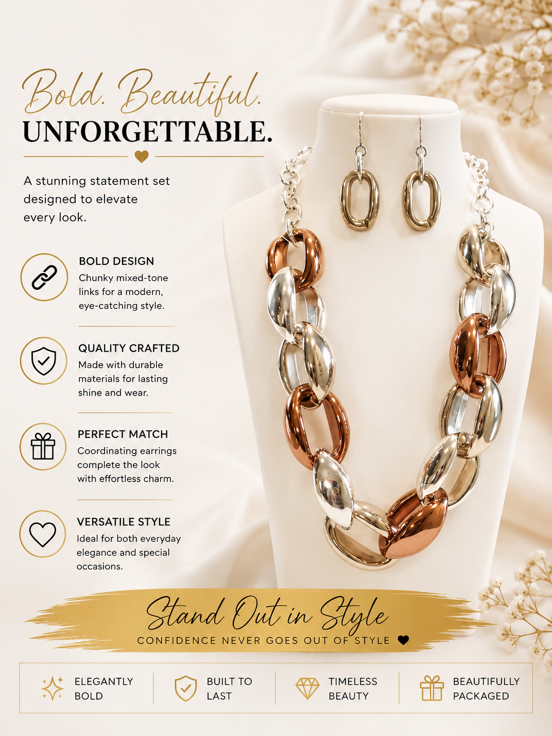 Silver and Copper Colored Chain Necklace with Earrings to Match