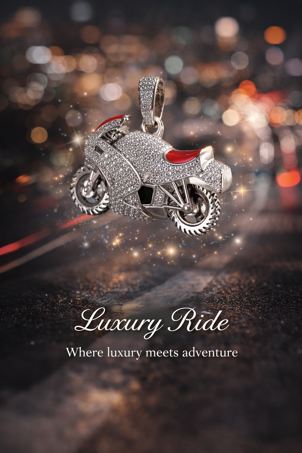 925 Sterling Silver Motorcycle Red Enamel Iced Out Clear CZ Pendant