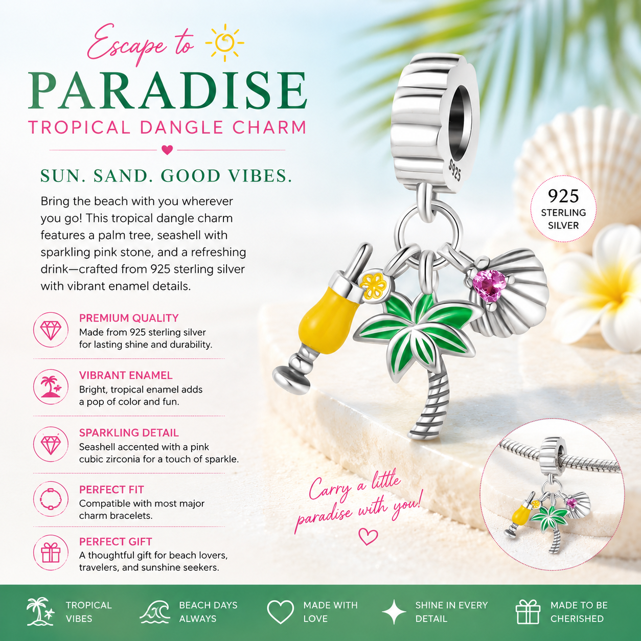 Sterling Silver Palm Tree, Tropical Drink, and Sea Shell Bracelet Charm