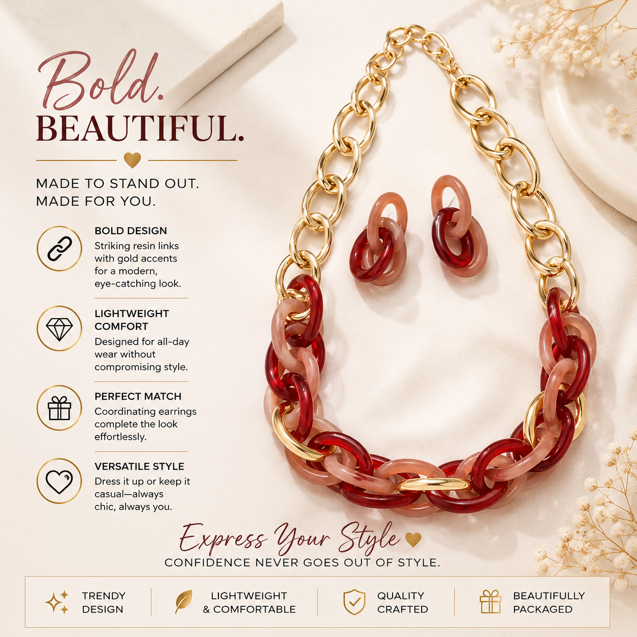 Red and Gold Chain Necklace with Matching Earrings
