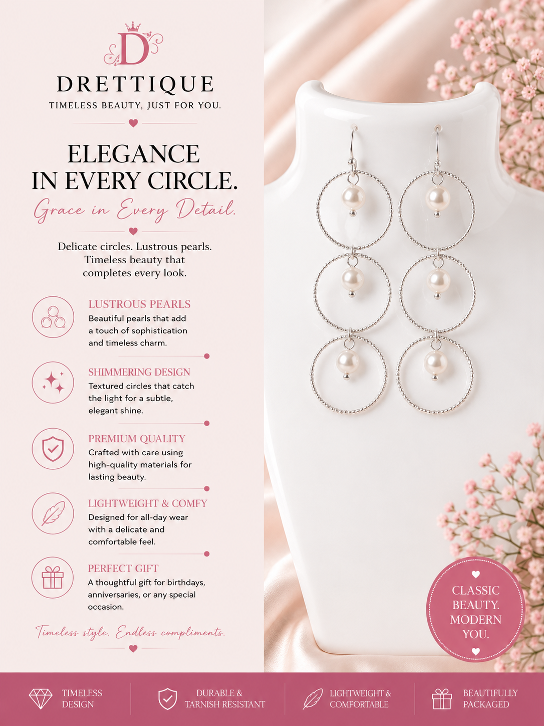 Silver Triple Round Earrings with Center Dangling Pearl