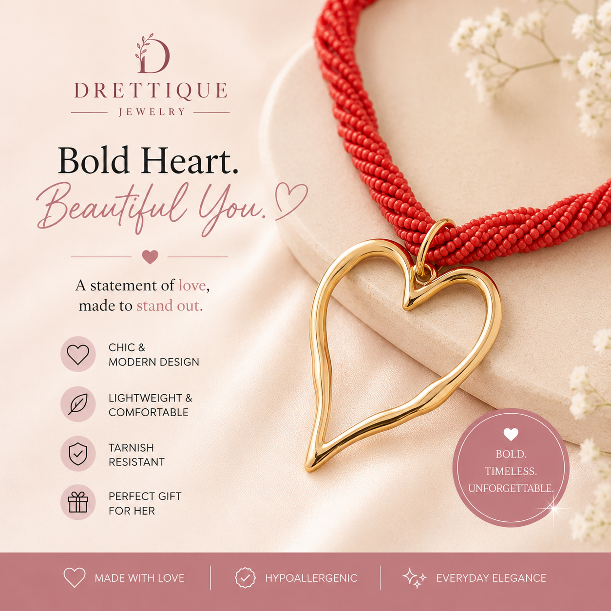 Large Gold Open Heart Shape Red Beaded Pendant Necklace
