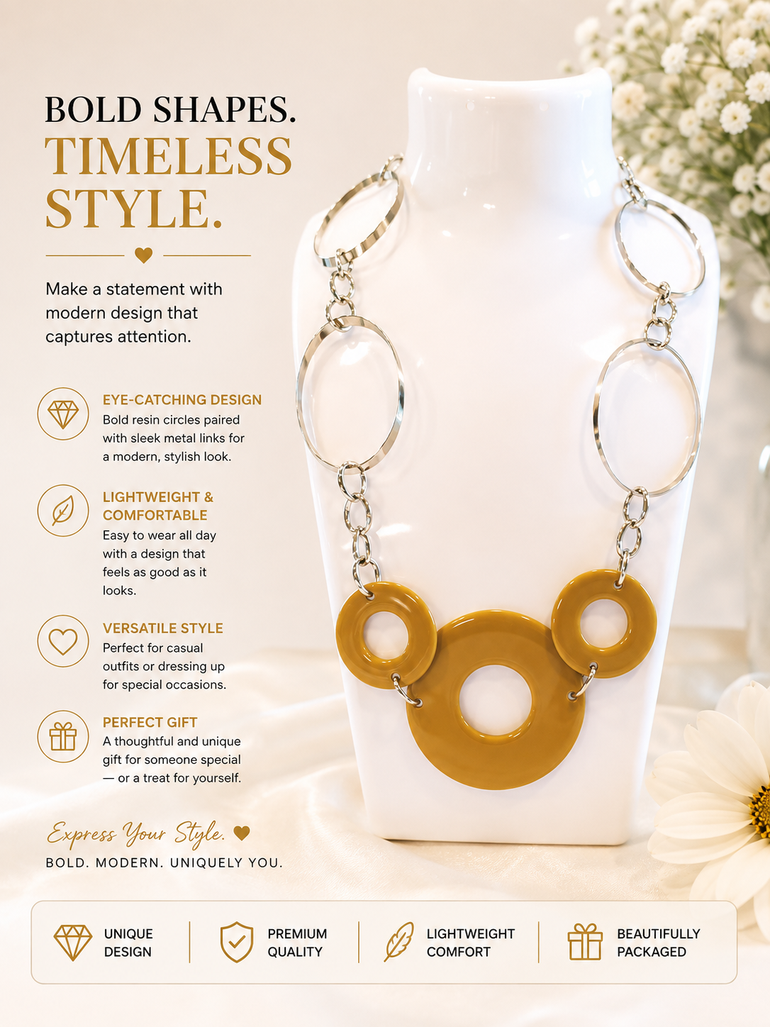 Beige Three Ring Pendant Necklace