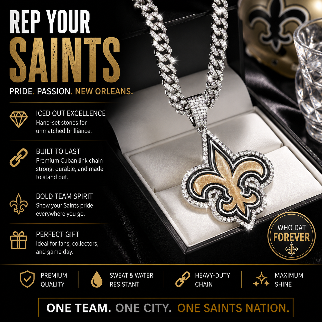 New Orleans Saint Logo Pendant with or without the Cuban Link Chain Necklace