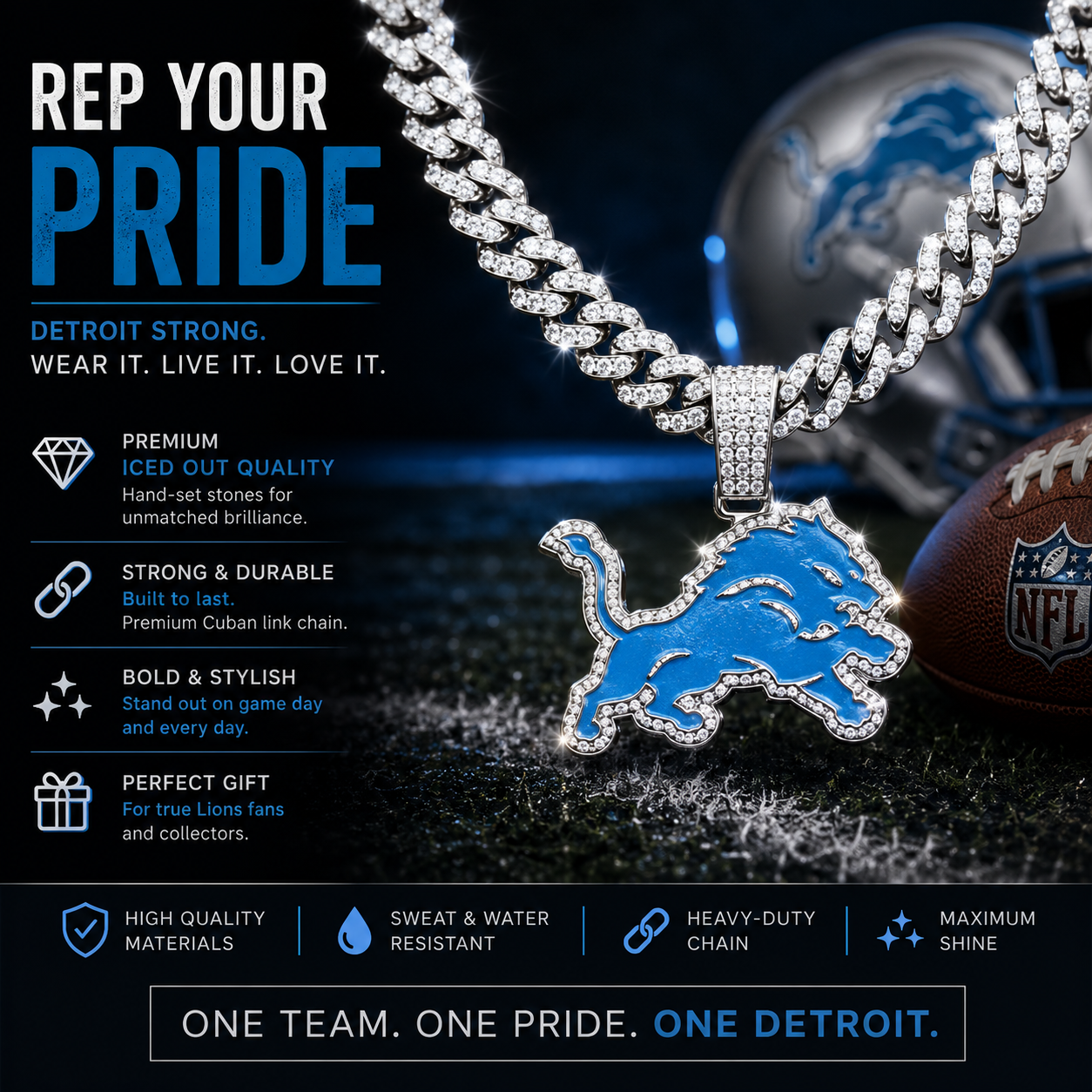 Detroit Lions Logo Pendant with or without the Cuban Link Chain Necklace