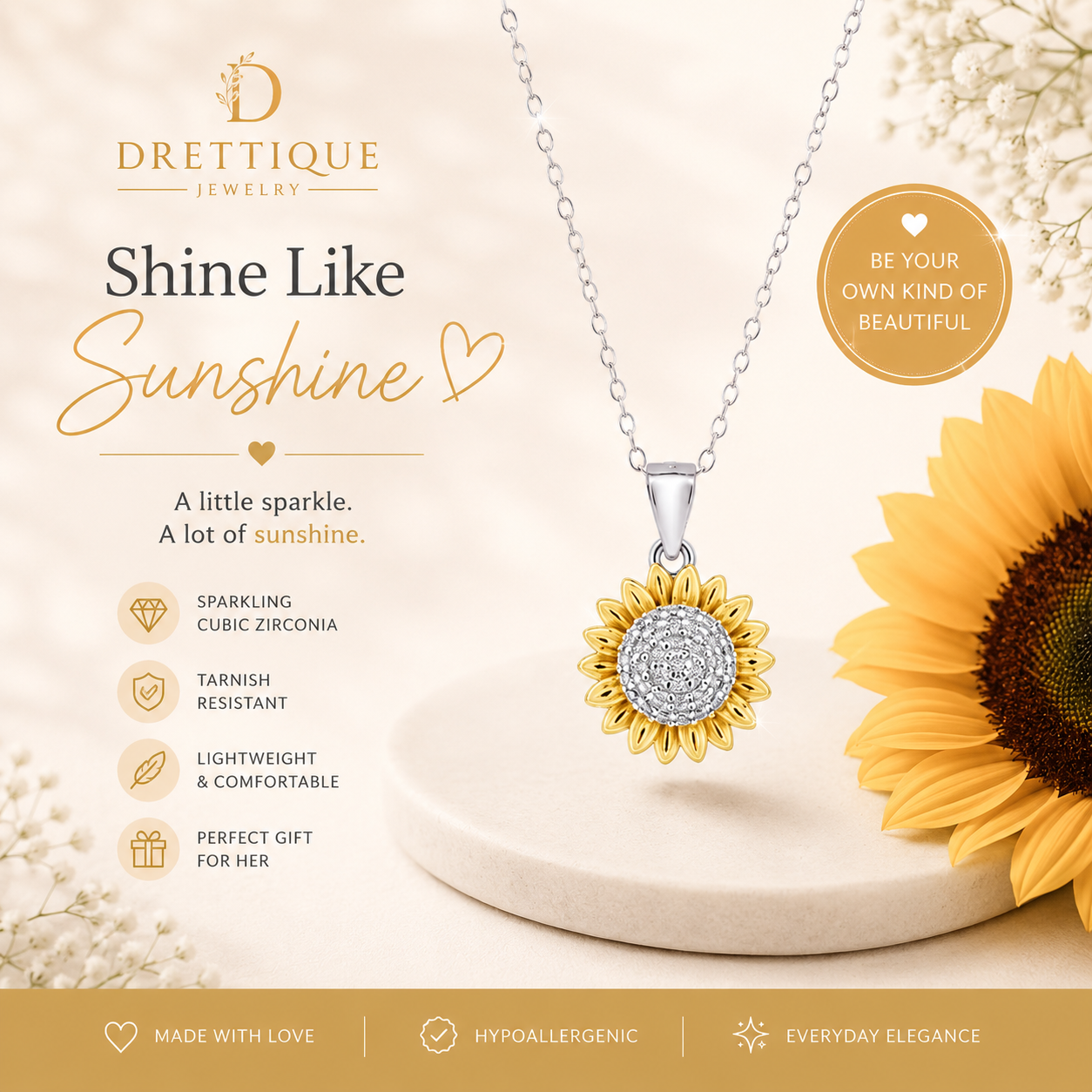 Sterling Silver Gold Sunflower Pendant Necklace with Sparkling Stones