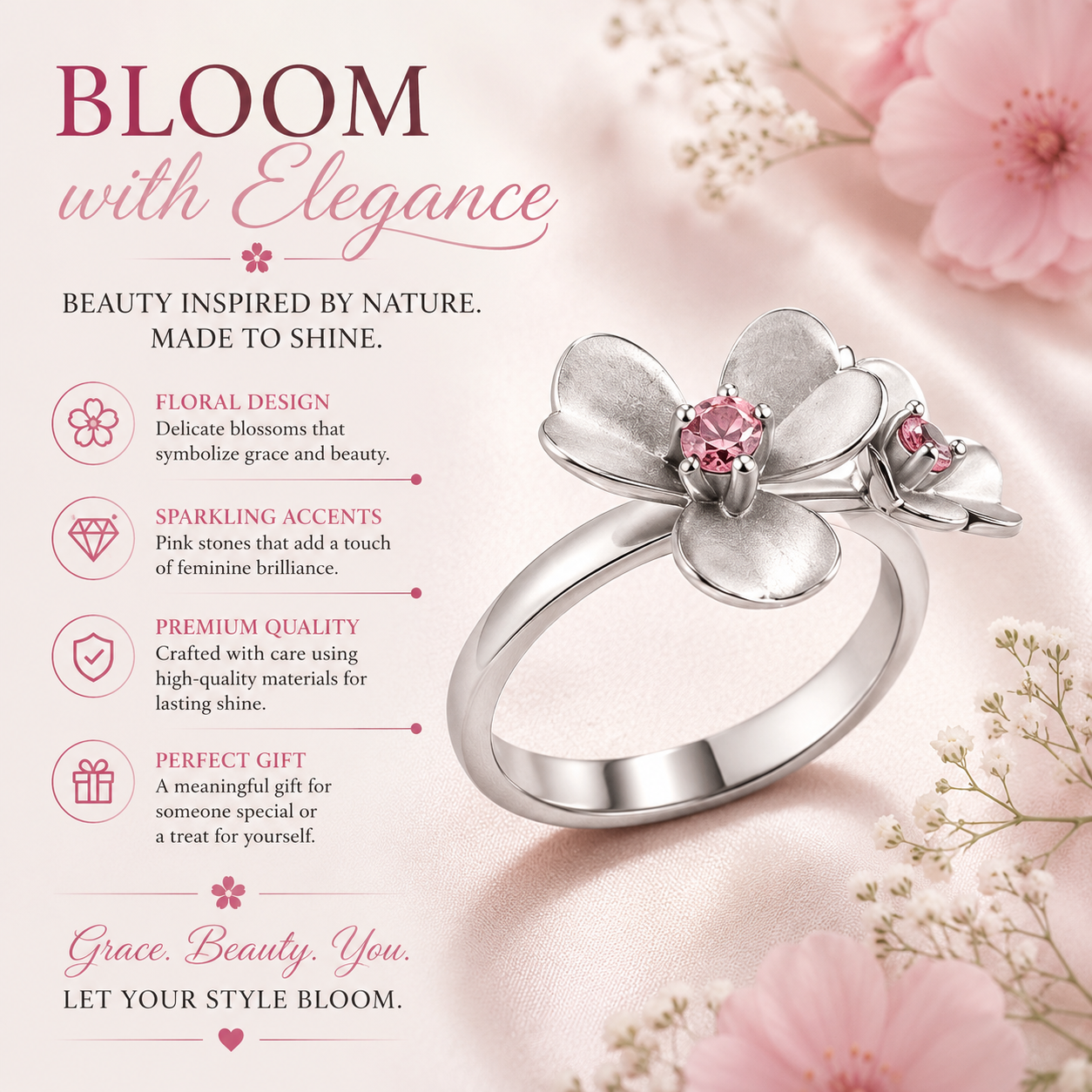 Sterling Silver Ring with Pink Cubic Zirconia Flower Ring