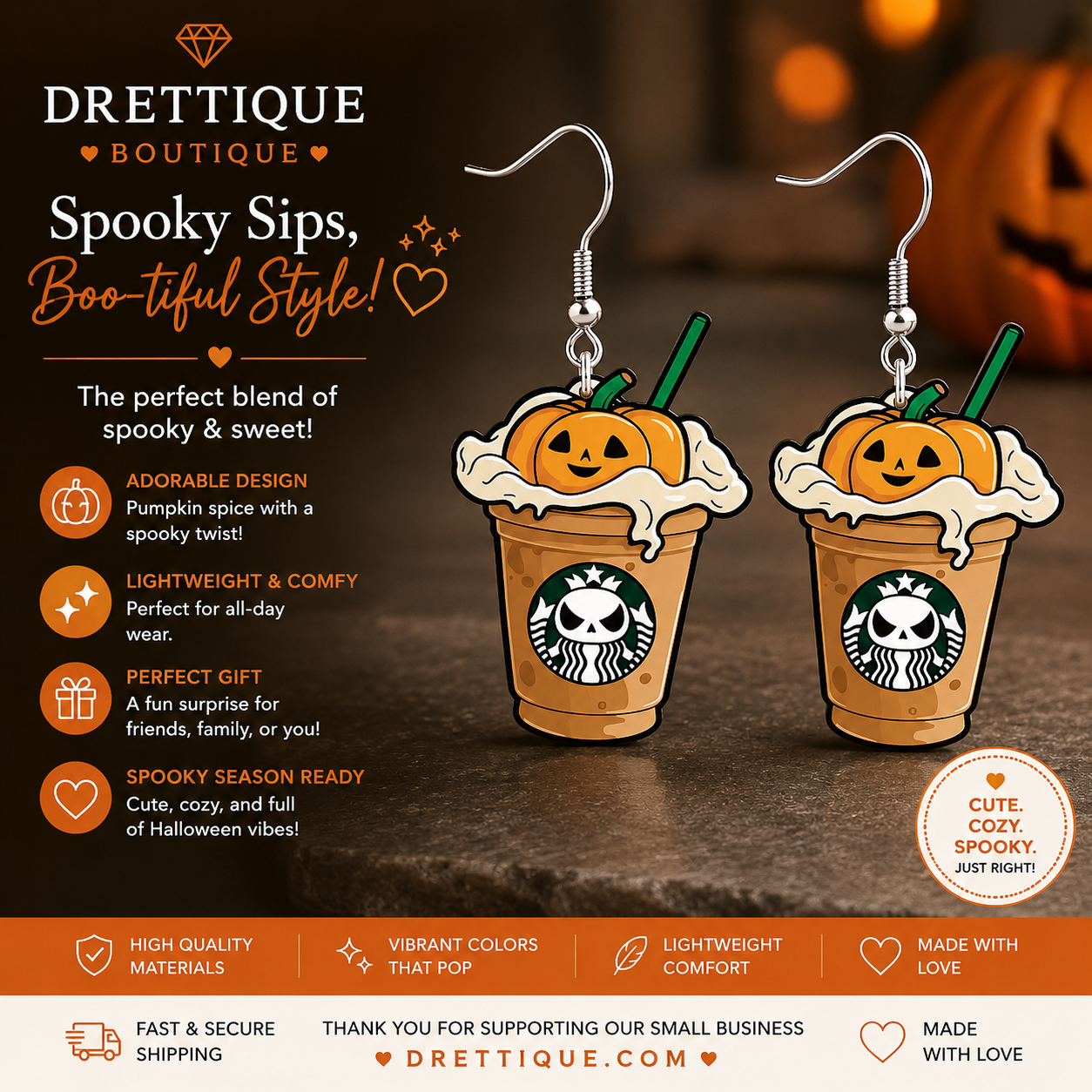 Halloween Coffee Earrings with a Splash of Pumpkin Head