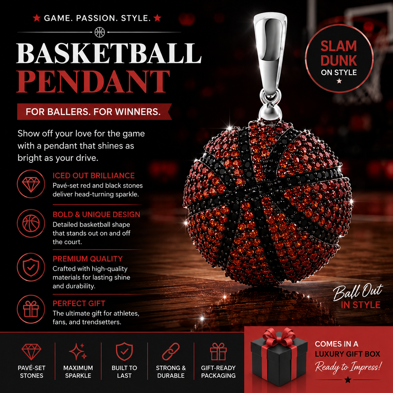 Sterling Silver Black and Orange Basketball Pendant